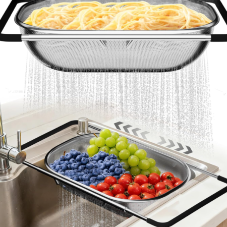 Extendable sink drain basket, non-slip fine mesh filter basket, universal extendable vegetable washing tool for household fruits, vegetables, and noodles